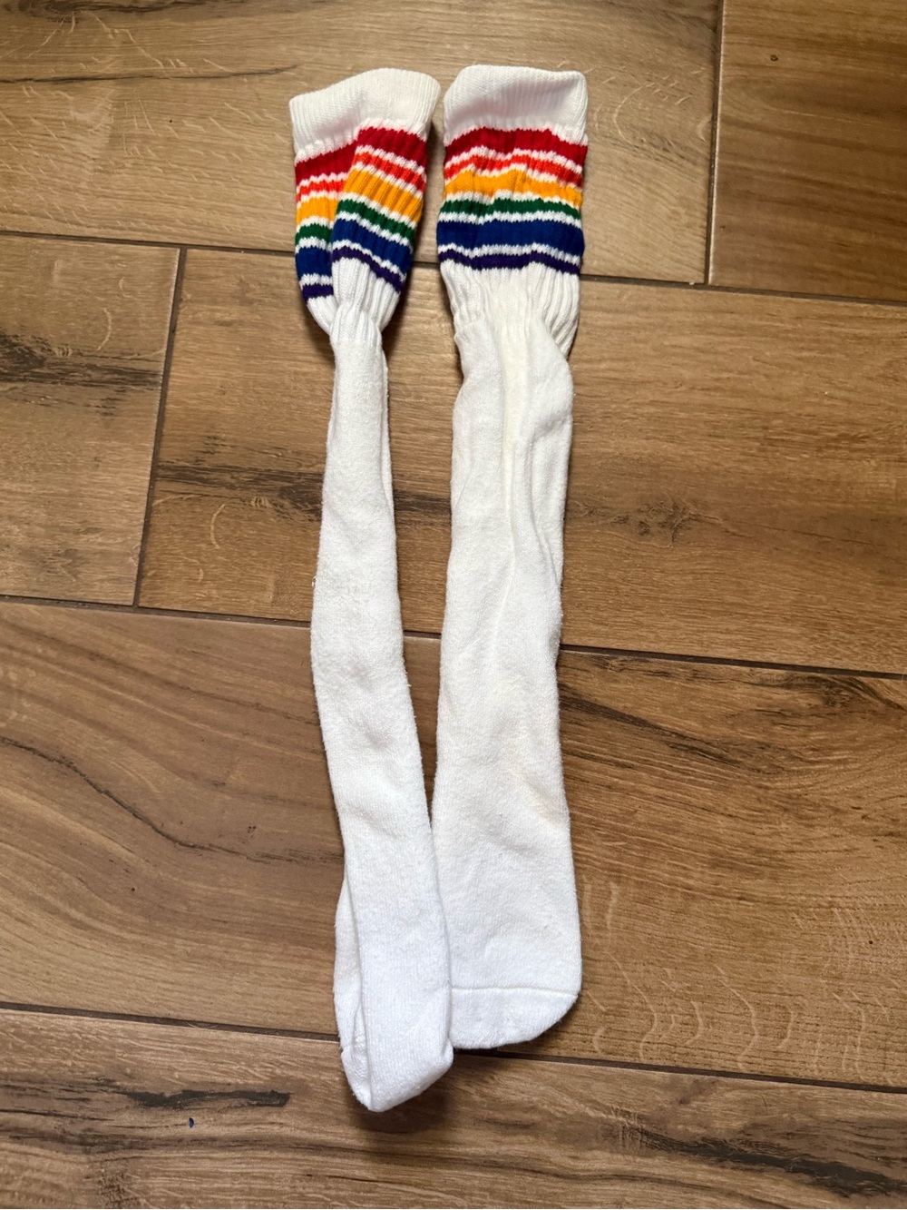 White Knee-High Athletic Socks with Rainbow Stripes